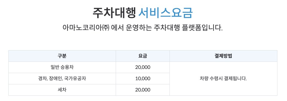 인천공항 제2여객터미널 공식 주차대행 아마노코리아 서비스 이용요금표