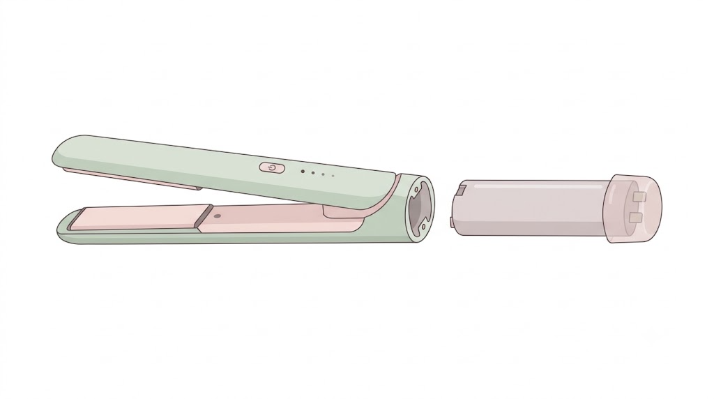 本体から取り外した電池の端子にキャップをかぶせた、電池式ヘアアイロンのイラスト