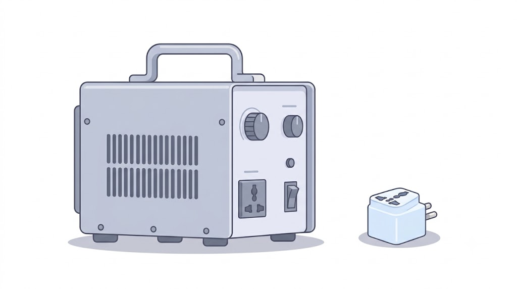 取っ手の付いた大きな変圧器と、小さな変換プラグを並べたイラスト